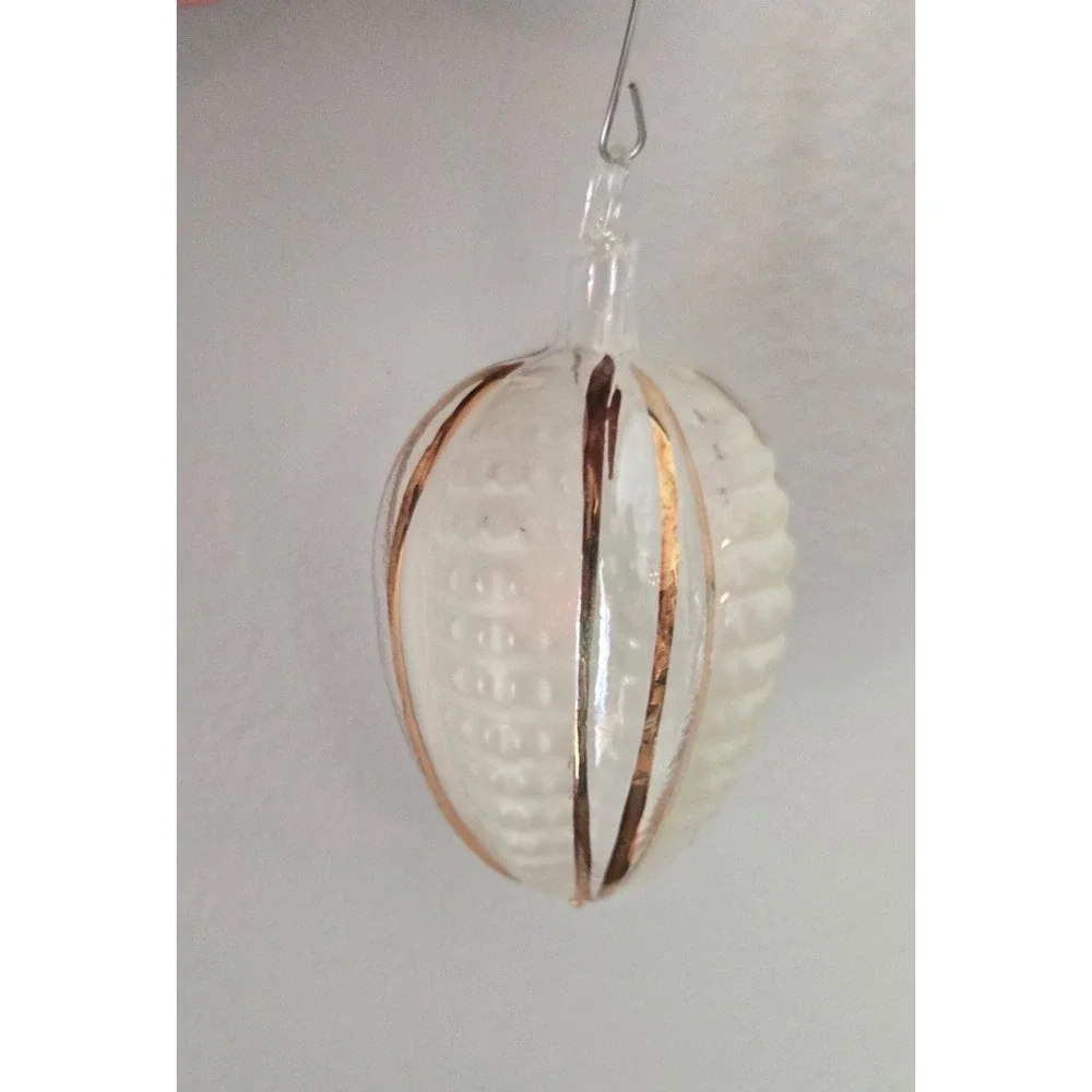 4 Vintage Glass Christmas Ornaments Frosted White Copper Stripe Teardrop